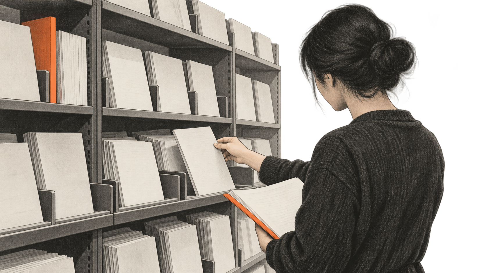 A person holds a proposal folder and takes a folio from a shelf.