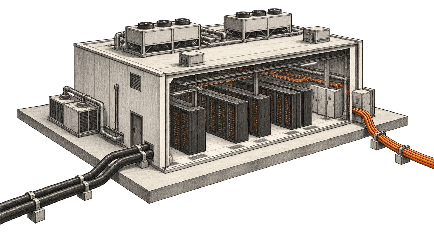 A cutaway data centre reveals server racks and cooling equipment, with large power and network connections extending beyond the site.