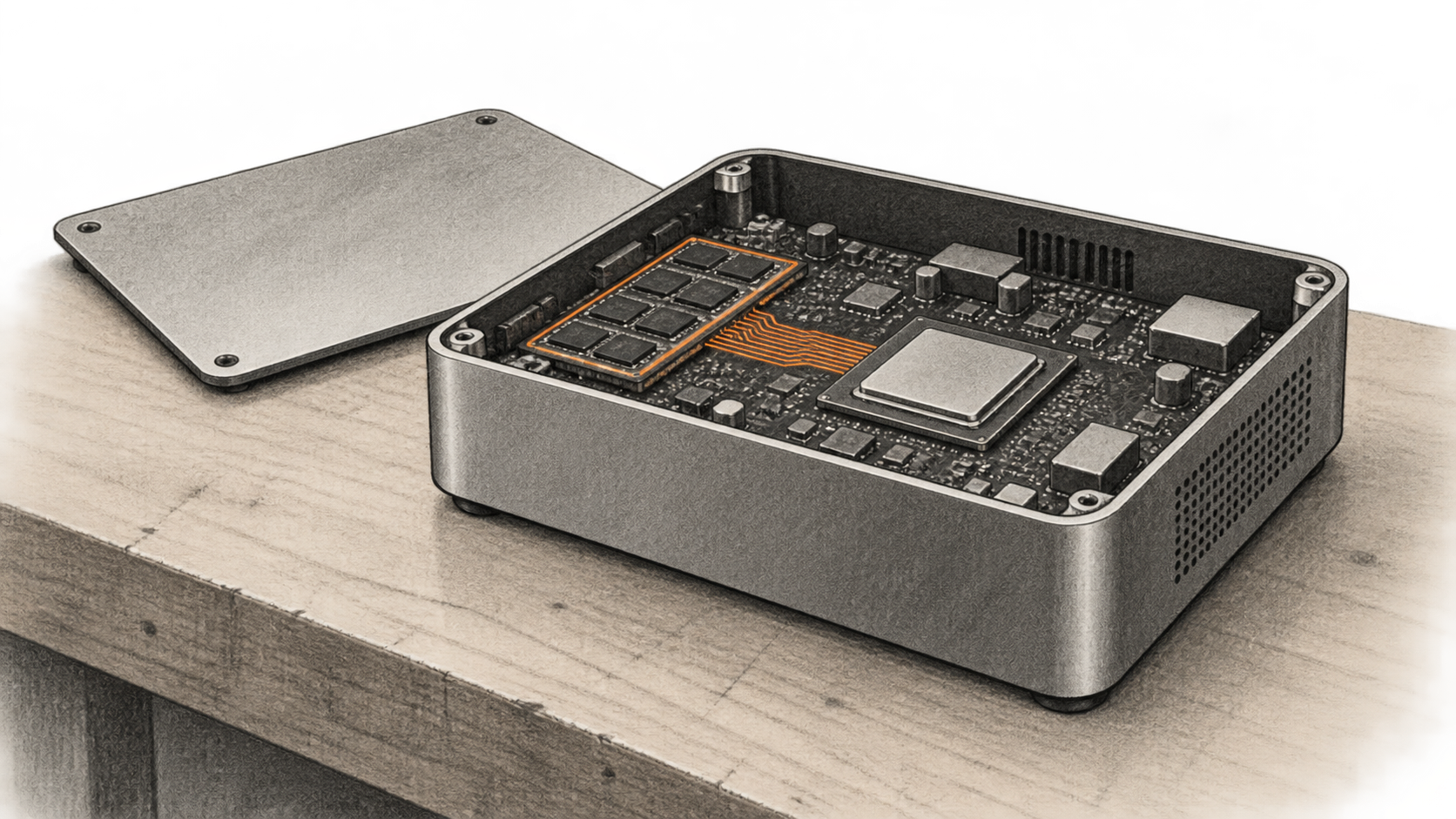 Conceptual charcoal illustration of an unbranded compact desktop computer with its cover removed, exposing a circuit board and a small orange connection between memory packages and a compute chip.