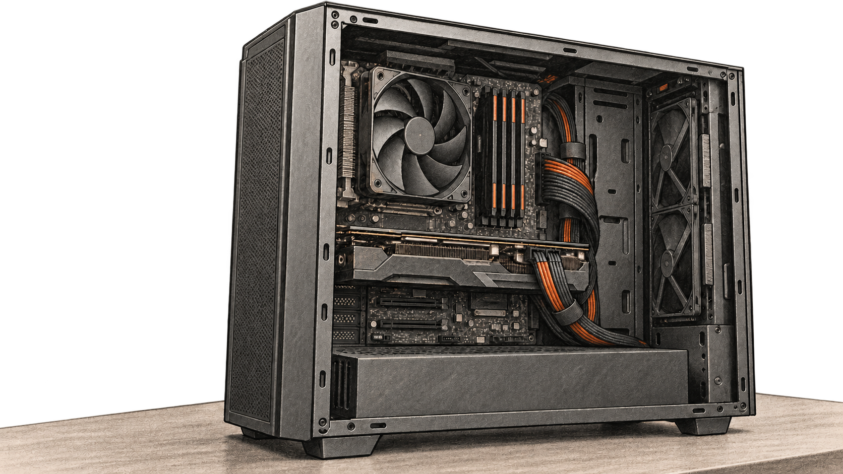 Conceptual charcoal illustration of an open desktop workstation showing its fan, memory modules, graphics card and internal cables.