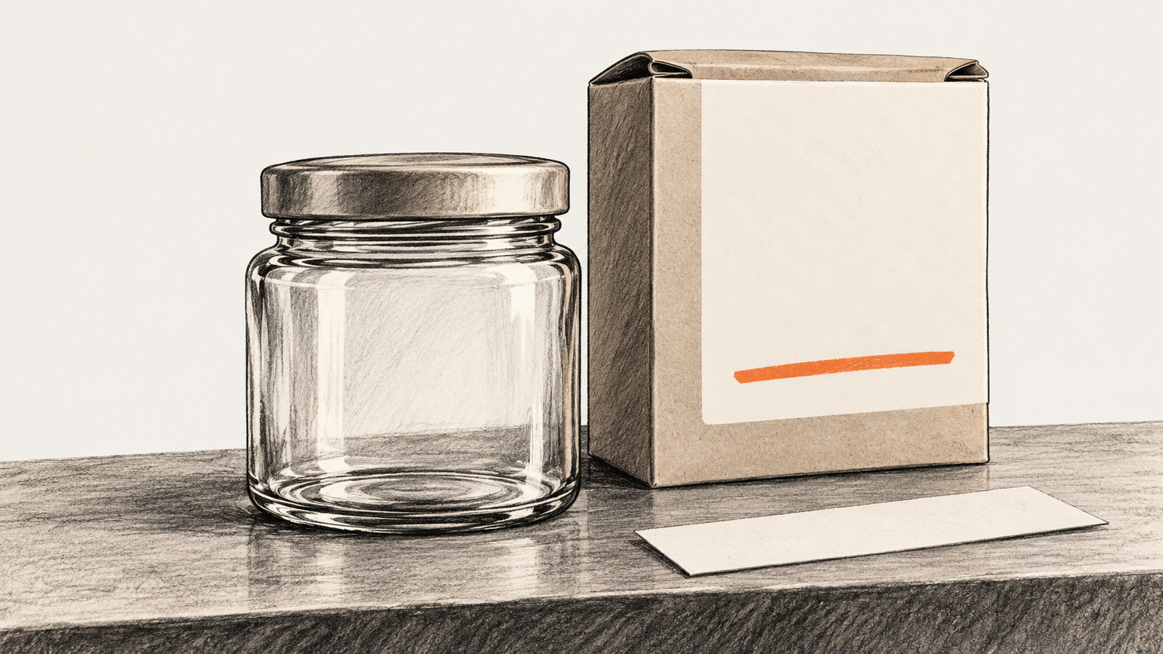 Conceptual charcoal illustration of an unbranded empty glass jar beside a plain carton with a blank copy panel and one orange stroke on a counter.