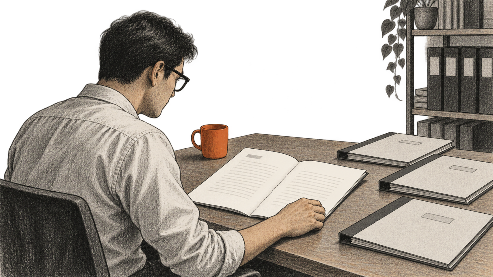 One analyst reads an open report at a table beside closed company-report folders.