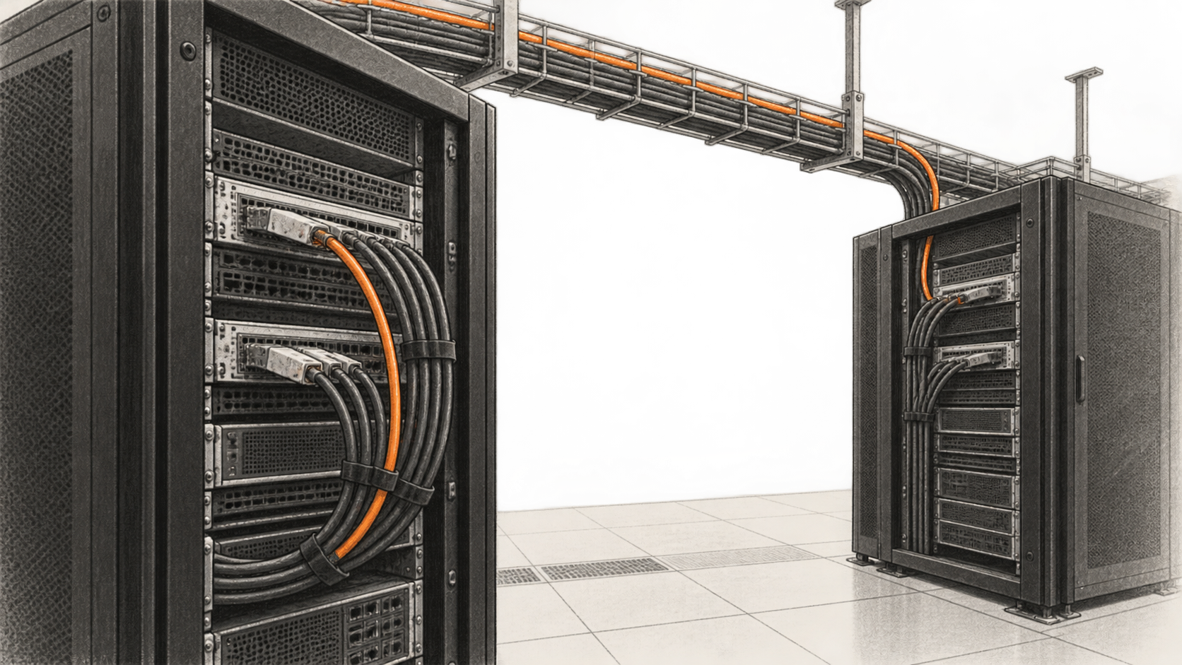 Conceptual charcoal illustration of two generic network equipment racks connected by an overhead fiber cable tray, with one orange cable among dark cables.