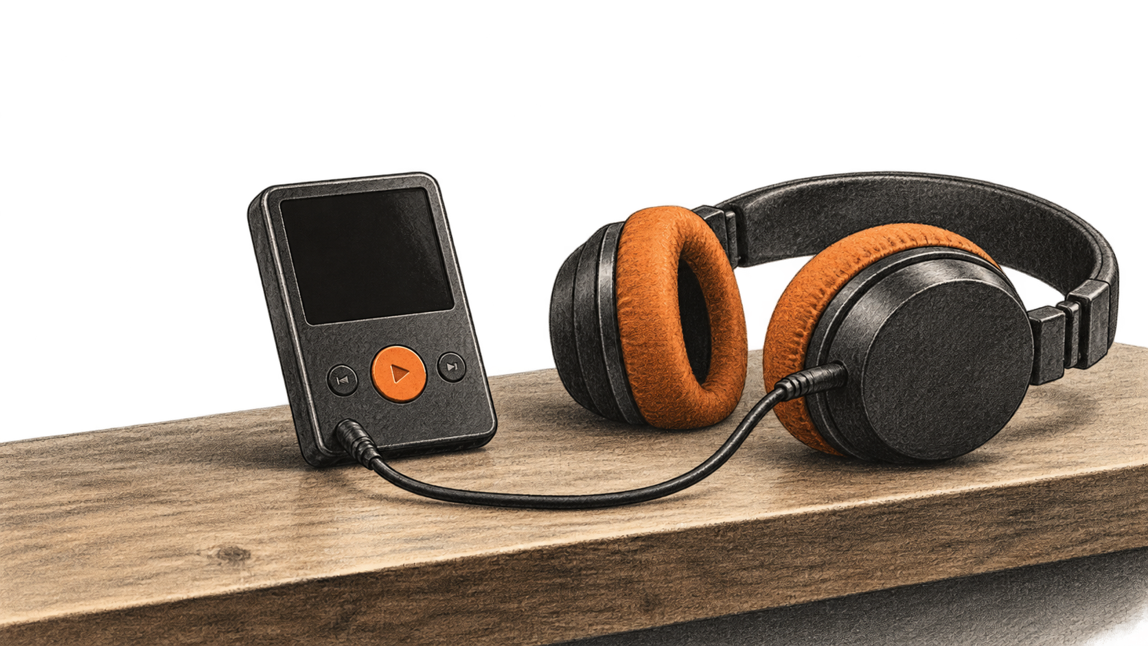 Conceptual charcoal illustration of a blank-screen portable audio player connected by a cable to orange-cushioned over-ear headphones on a wooden shelf.