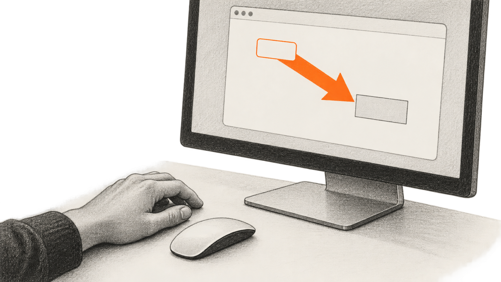 A temporary orange arrow on a desktop monitor points to a blank on-screen target while a person's hand rests beside a mouse.