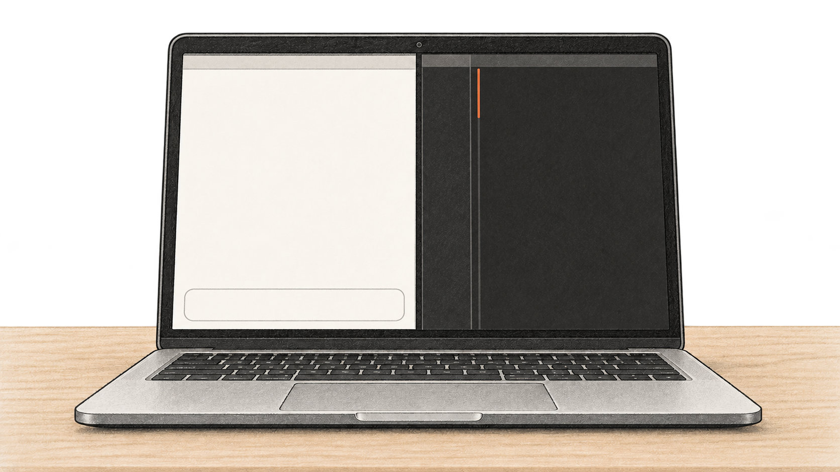 Conceptual charcoal illustration of one open laptop with two empty work areas on its screen, one light and one dark.