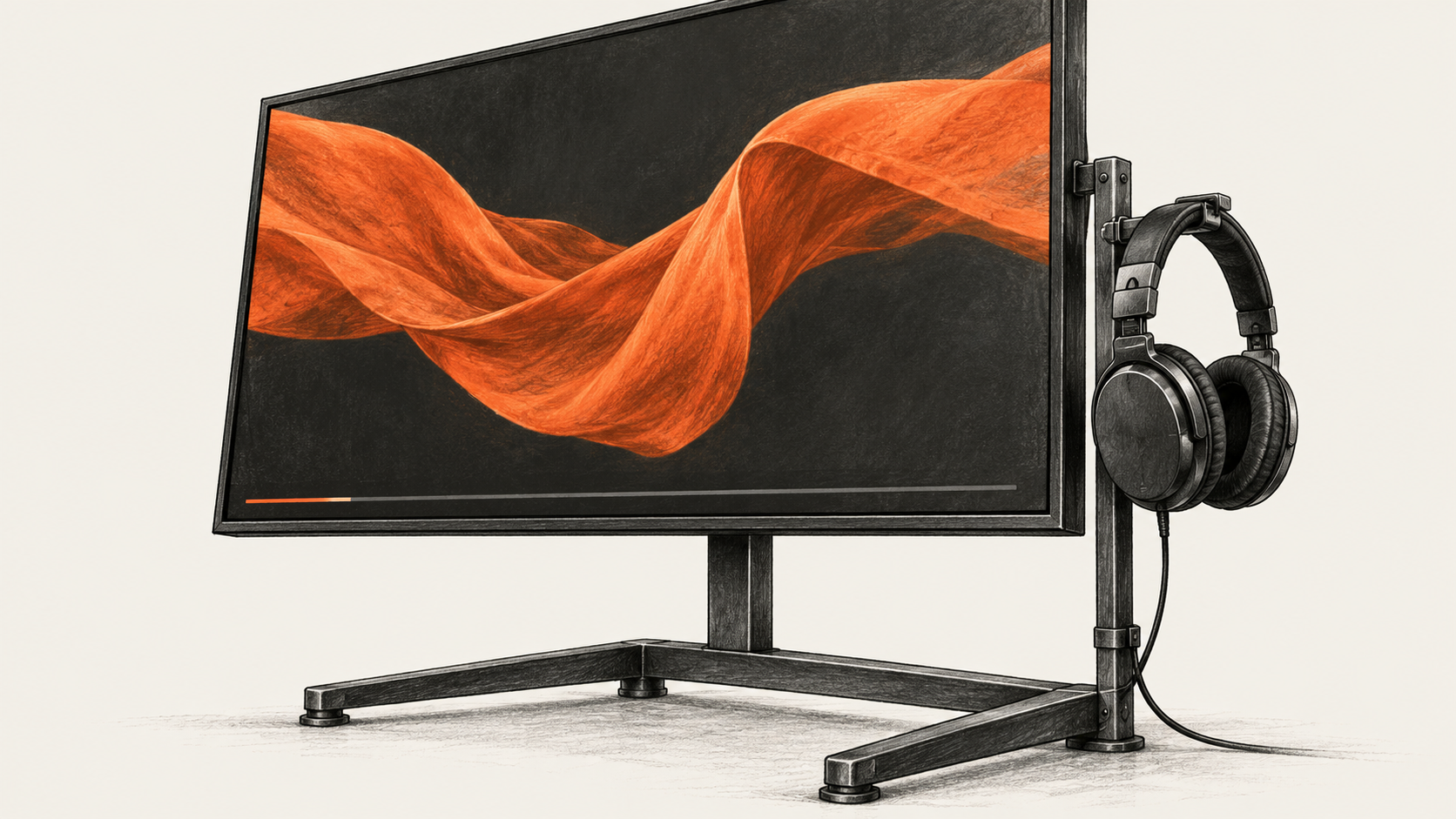 Conceptual charcoal illustration of an unbranded video display showing an orange fabric form, with headphones hanging beside it.