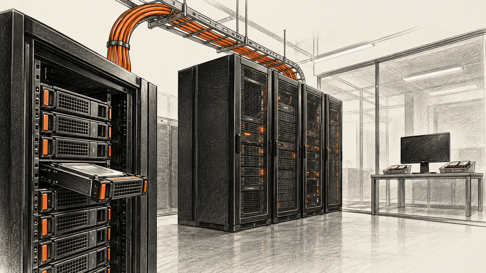 Conceptual charcoal illustration of a storage rack connected by overhead cables to compute racks, with a separate blank evaluation workstation in a generic room.