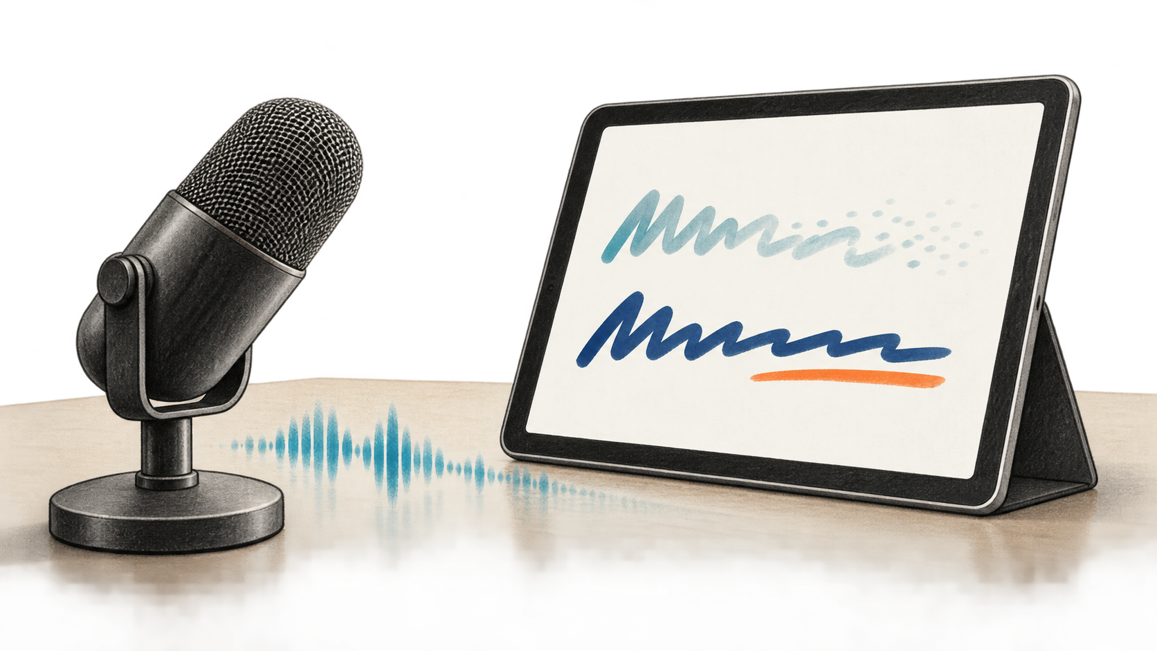 Conceptual illustration of a microphone beside a tablet; a teal waveform leads to a faint provisional line of marks above a crisp final line.