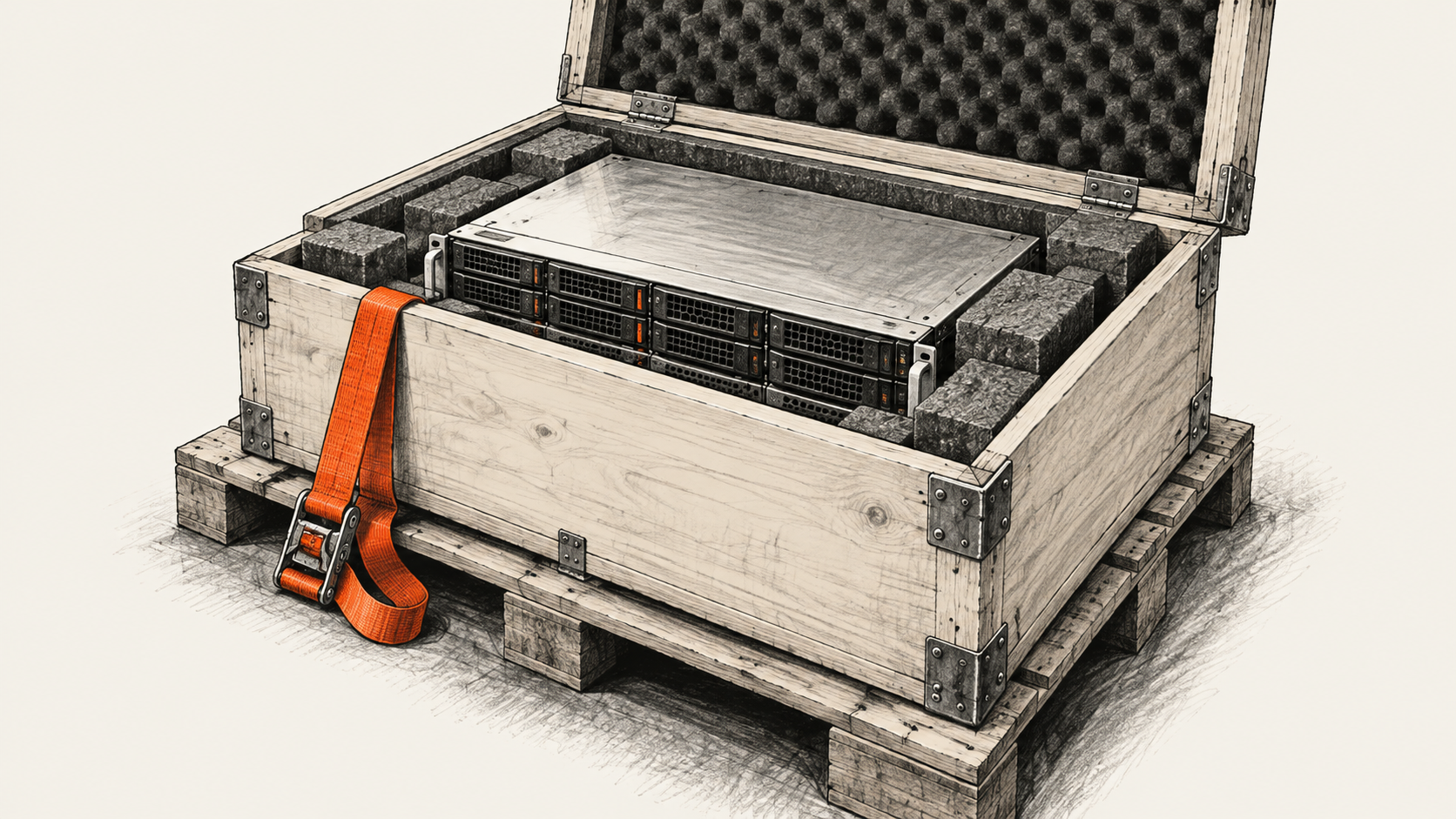 Conceptual illustration of an unbranded rackmount server in a foam-lined shipping crate on a pallet.