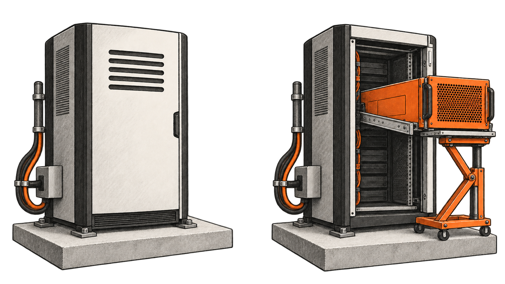 Two computing cabinets: one closed and integrated, the other open with an orange module on rails supported by maintenance equipment.