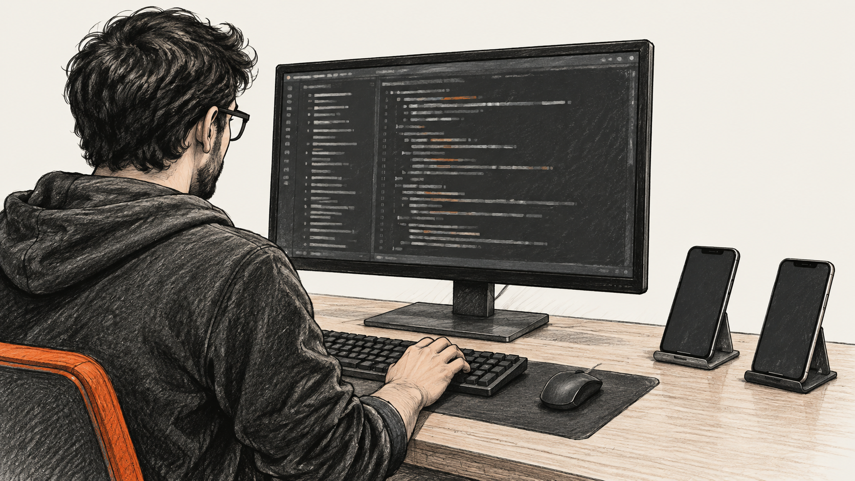 Conceptual charcoal illustration of one developer at a desktop monitor with unreadable code-like marks, and two unbranded dark-screen phones resting on separate stands beside it.