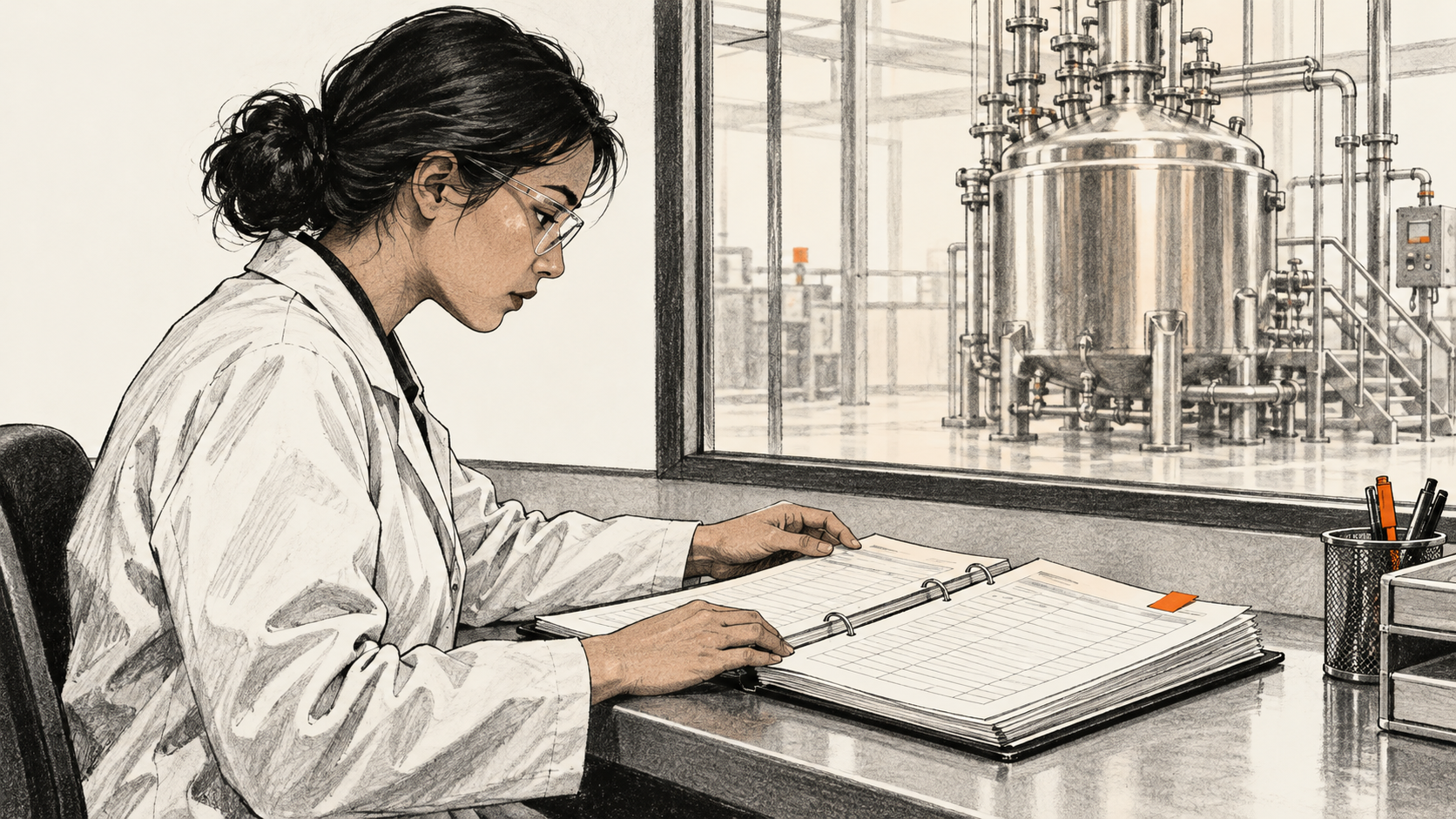 Conceptual illustration of a quality reviewer looking at an open manufacturing record, with a vessel visible through a window.