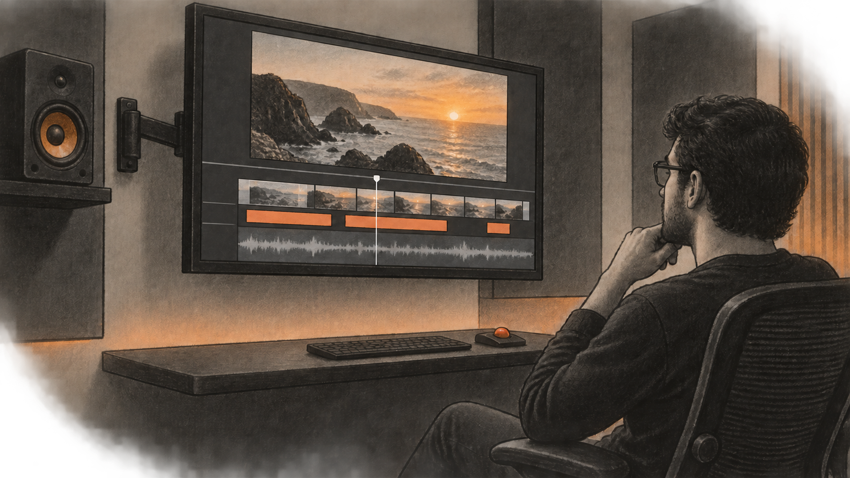 An editor seated in profile faces a wall-mounted monitor showing a generic video preview above simple picture, text and audio timeline lanes in a post-production room.