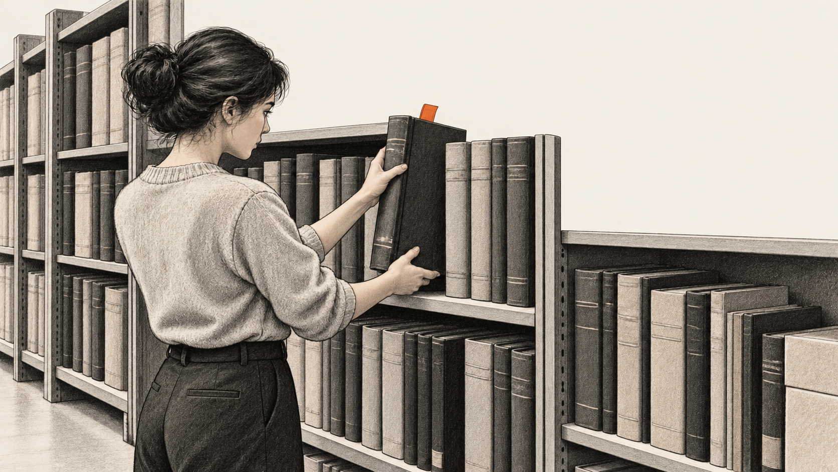 Conceptual charcoal illustration of one analyst retrieving an unmarked bound source volume from an archive shelf.