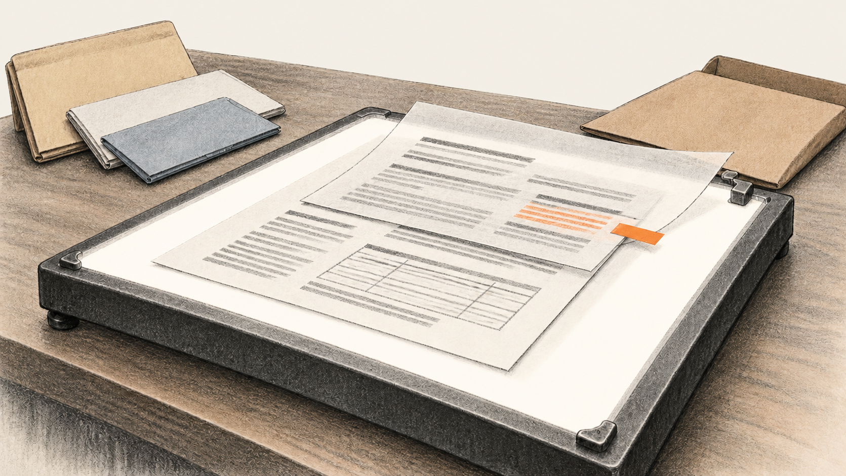 Conceptual charcoal illustration of two offset text sheets on a light table, with one orange tab marking a passage for review and closed source sleeves nearby.