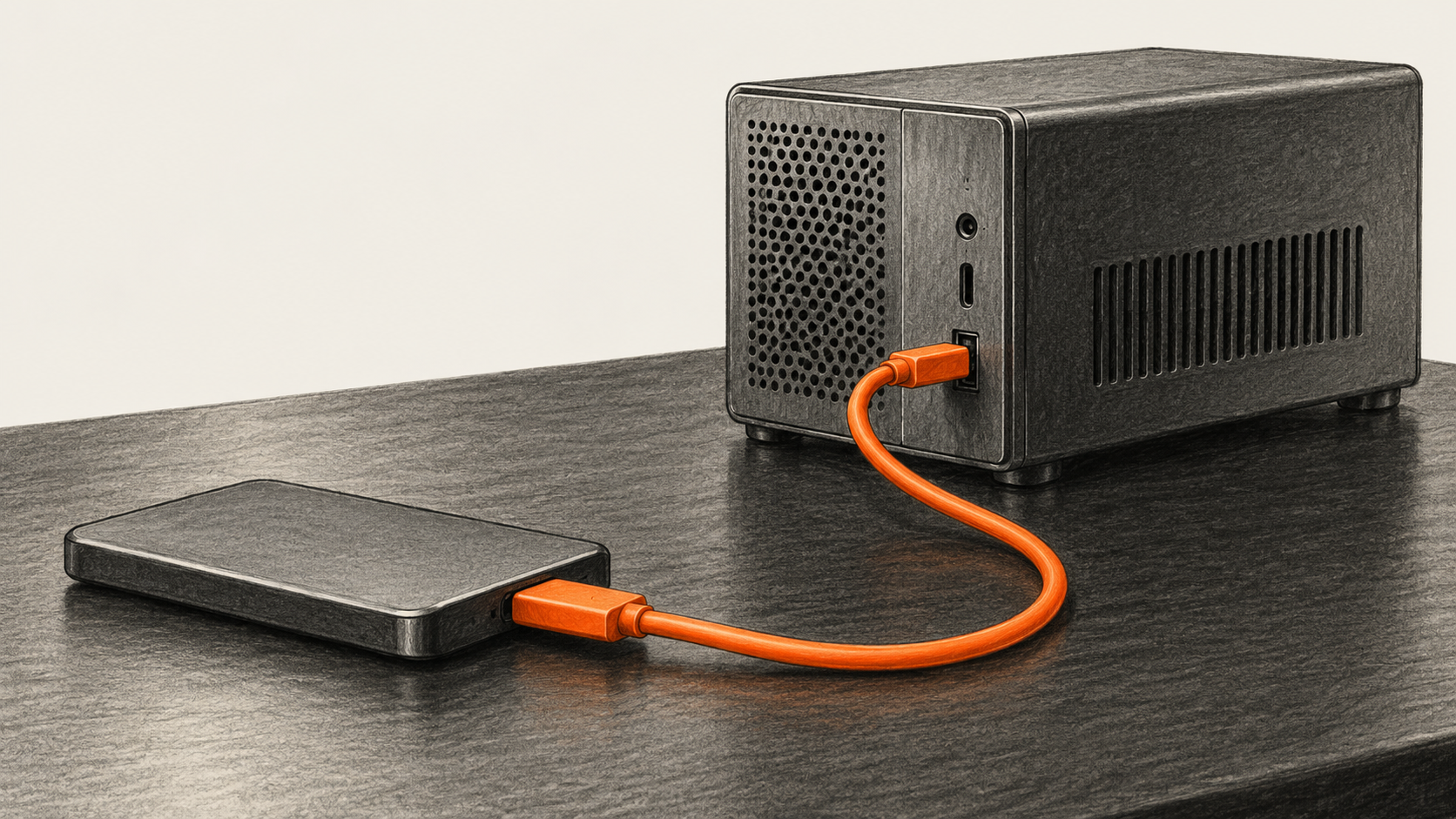 Conceptual charcoal illustration of a removable storage drive connected by one orange cable to a compact desktop computer on a worktable.