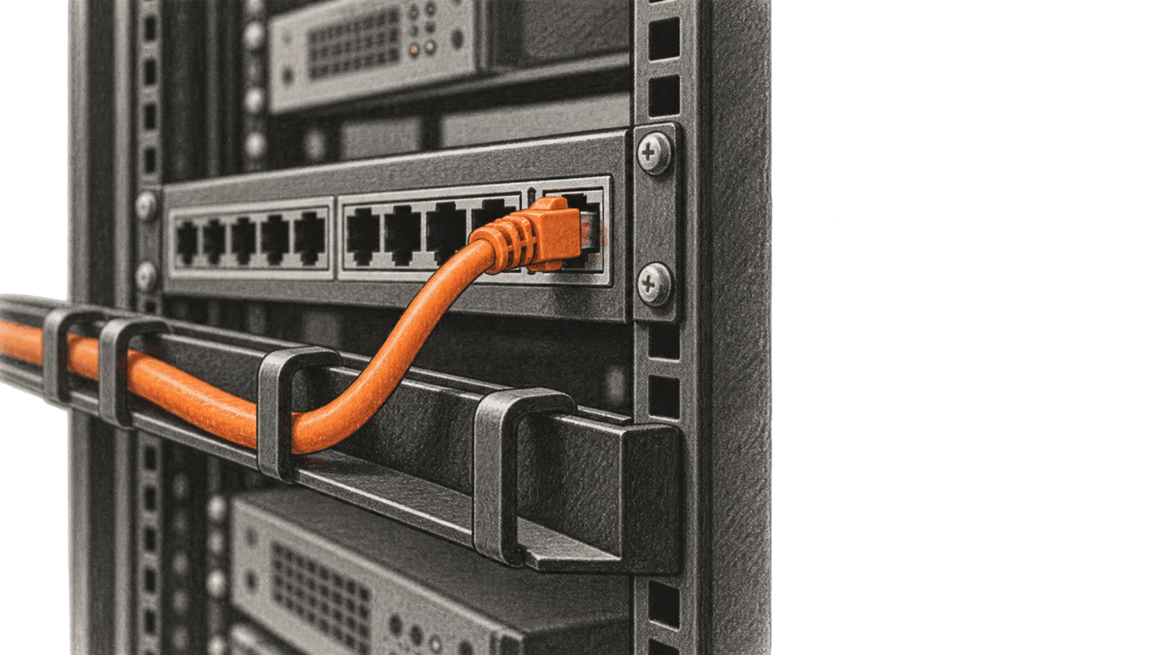 Conceptual charcoal illustration of an orange network cable plugged into a generic server-rack patch panel.