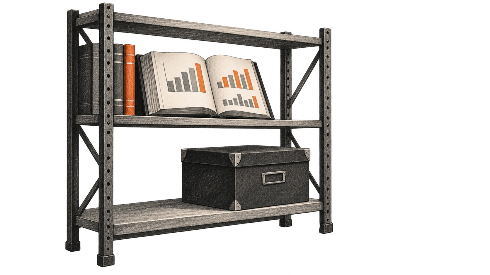 Conceptual charcoal illustration of an open volume with aggregate-style bar charts on an archive shelf above a closed, opaque case.