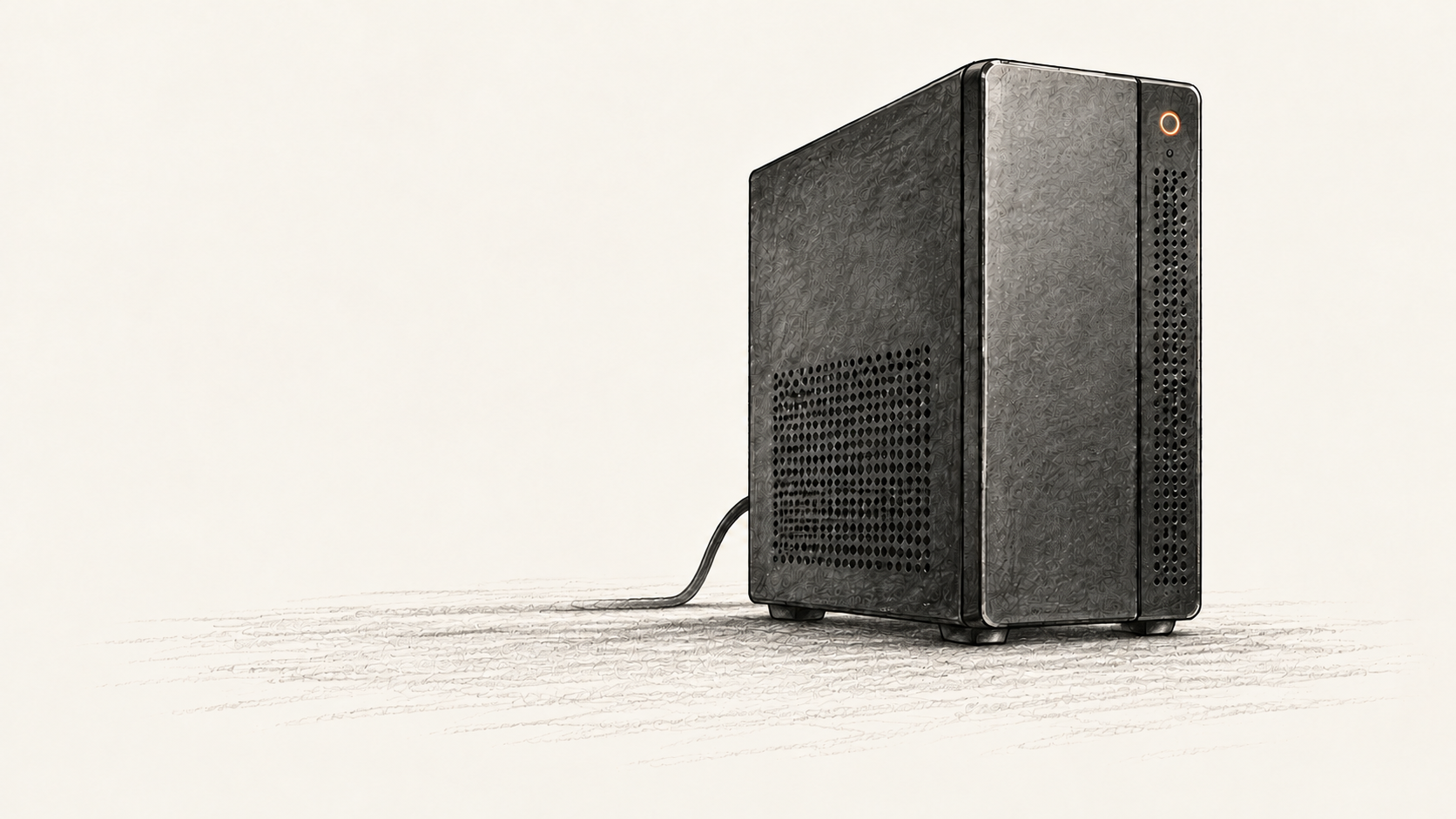 An unbranded desktop computer tower with a small orange indicator stands on a warm ivory floor.