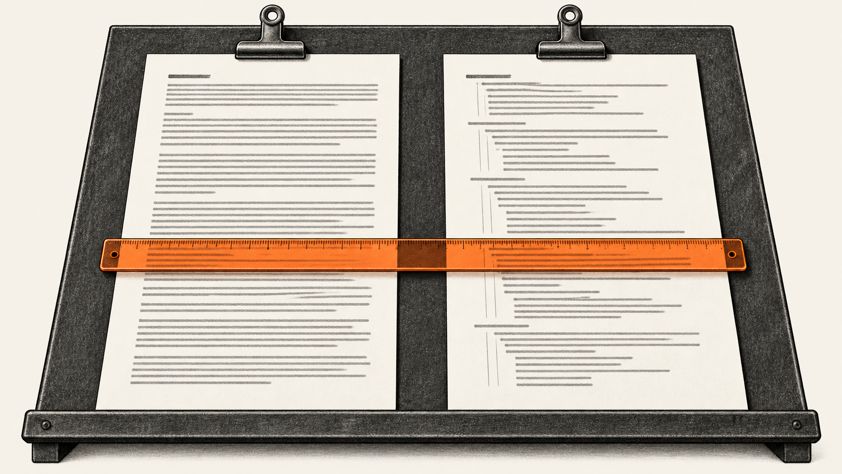 Two clipped procedure sheets aligned side by side on an inclined board, with an orange straightedge across both.