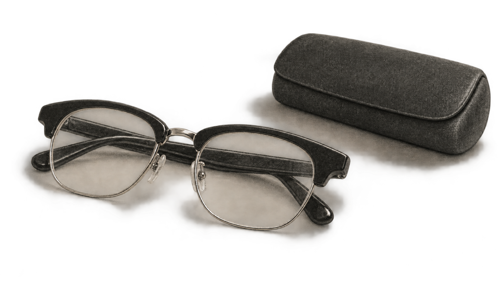 Conceptual charcoal illustration of camera-free browline glasses folded on a tabletop beside a plain closed eyewear case.