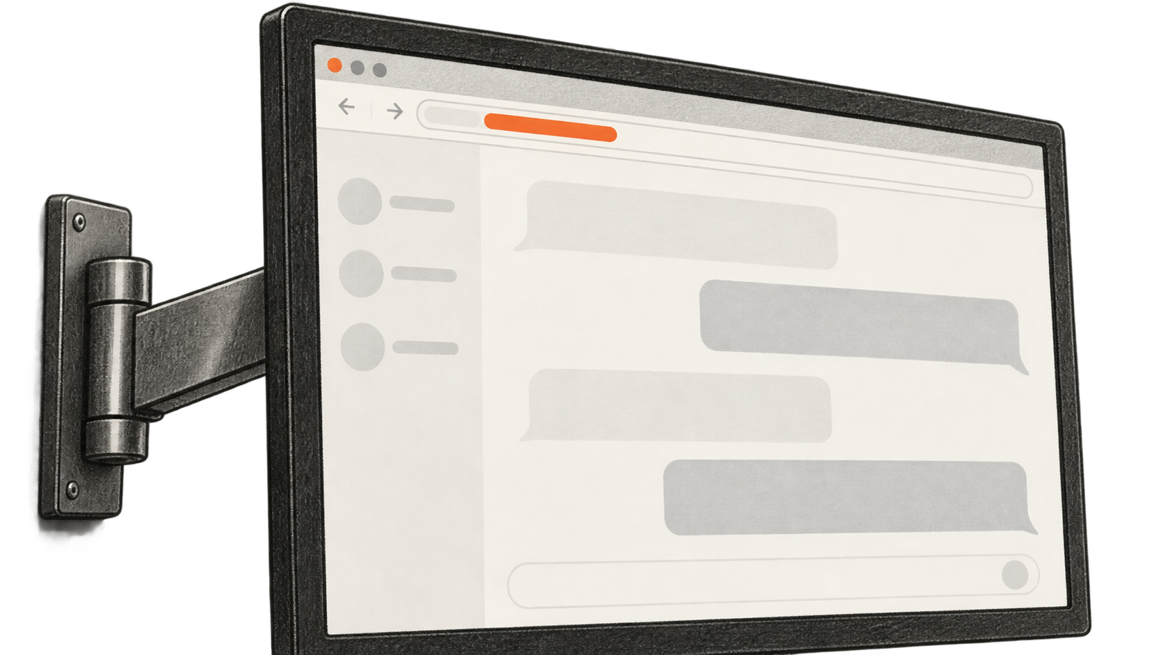 Conceptual charcoal illustration of an unbranded wall-mounted monitor showing empty chat shapes and an orange segment in a blank browser address field.