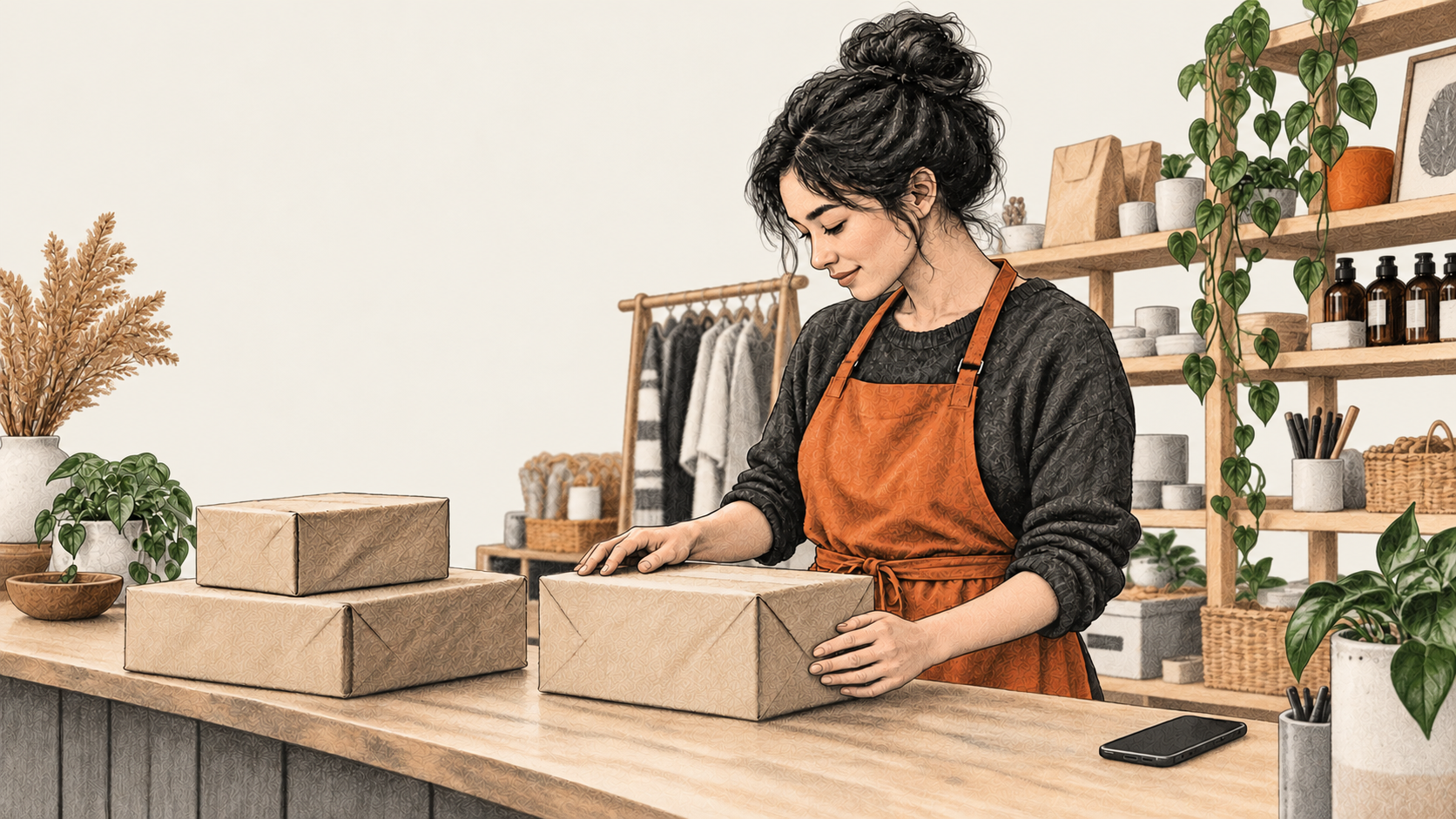 Conceptual illustration of a small shop owner looking down at plain parcels on a counter, with an unmarked phone nearby and merchandise shelves behind her.