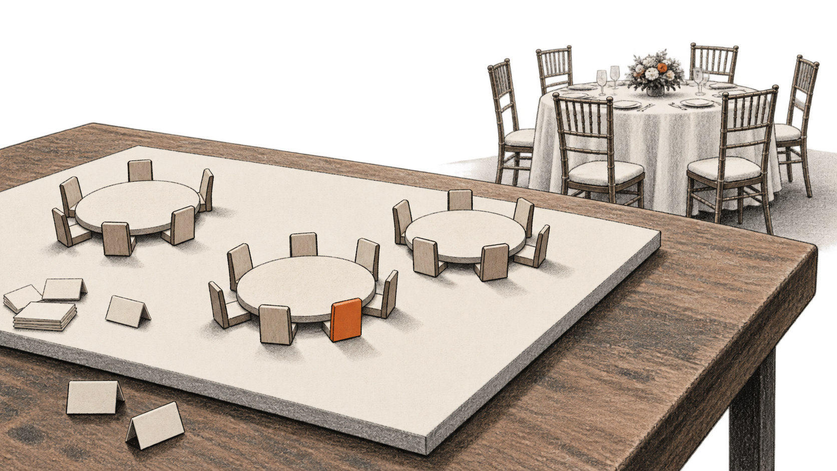 Conceptual charcoal illustration of a physical wedding seating plan with round table models and blank place cards, beside a set banquet table.