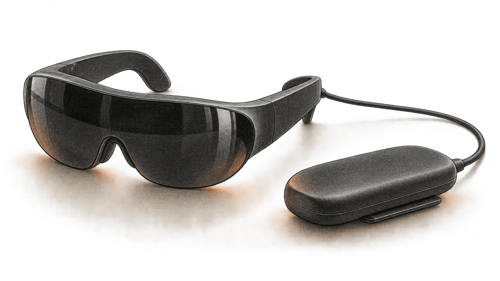 A charcoal sketch of dark wraparound VR glasses connected by one cable to a separate rounded puck with a clip.