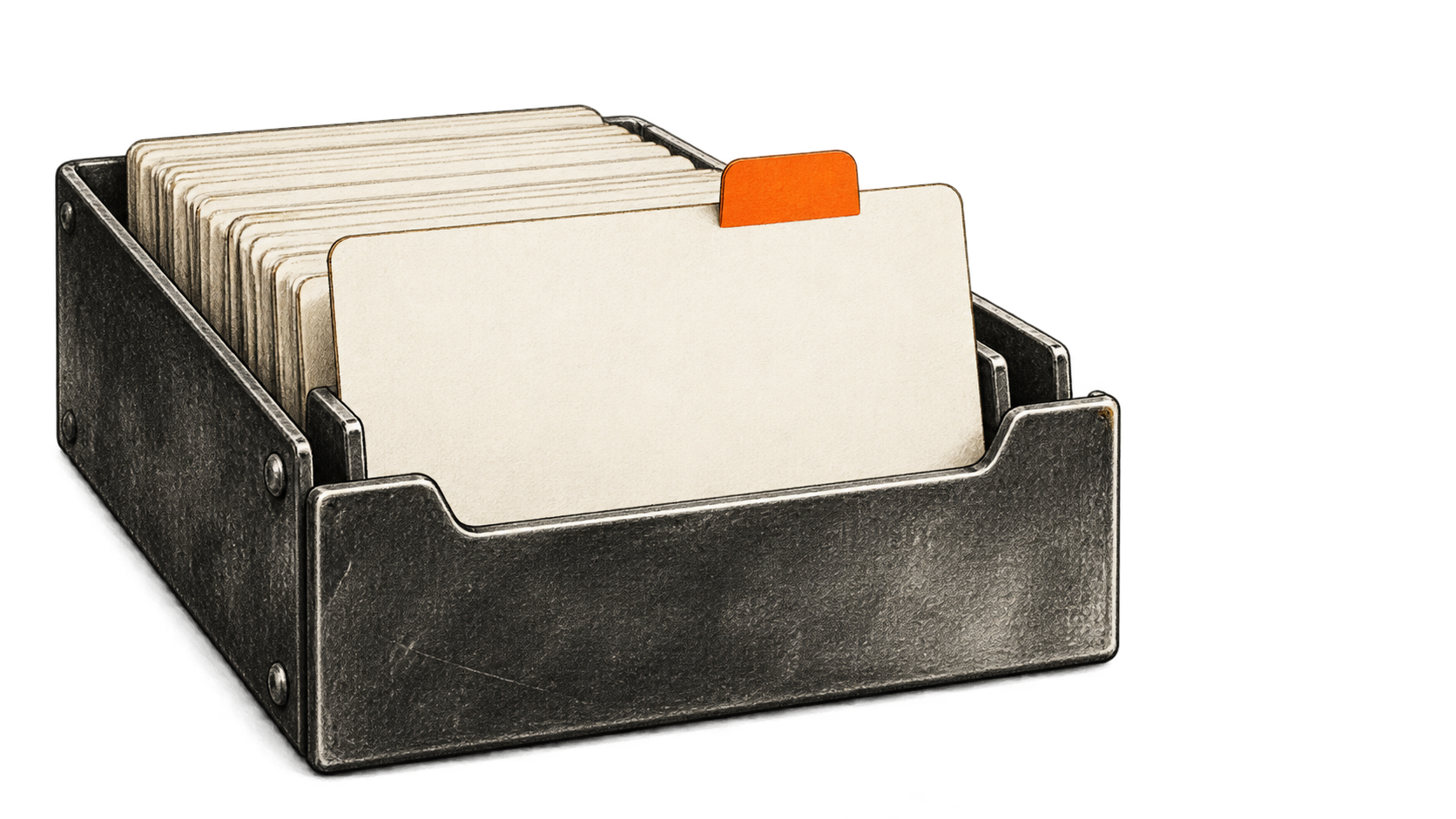 Conceptual charcoal illustration of one blank orange-tabbed index card pulled forward in a metal card file.
