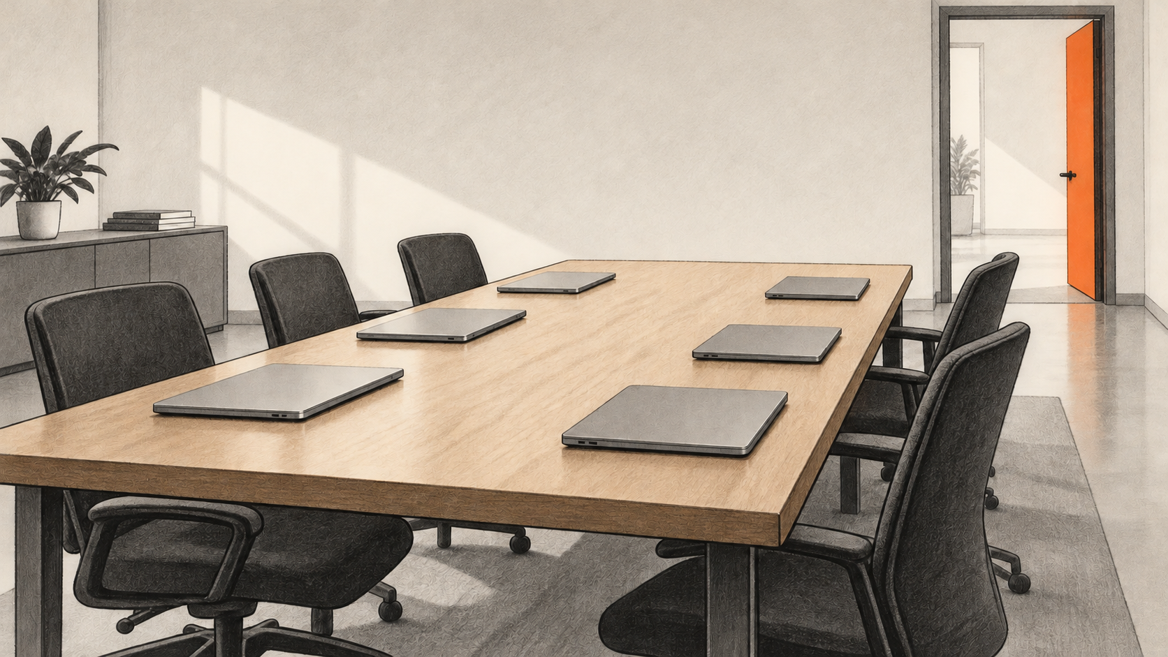 Conceptual charcoal illustration of six empty chairs and six closed, unbranded laptops around one office worktable, with an open doorway beyond.