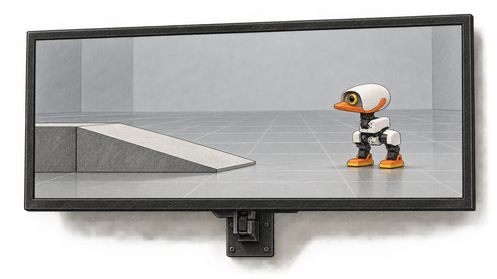 Conceptual charcoal illustration of a Microduck-shaped simulated biped standing on a gridded floor facing a low ramp, shown inside a wall-mounted display.