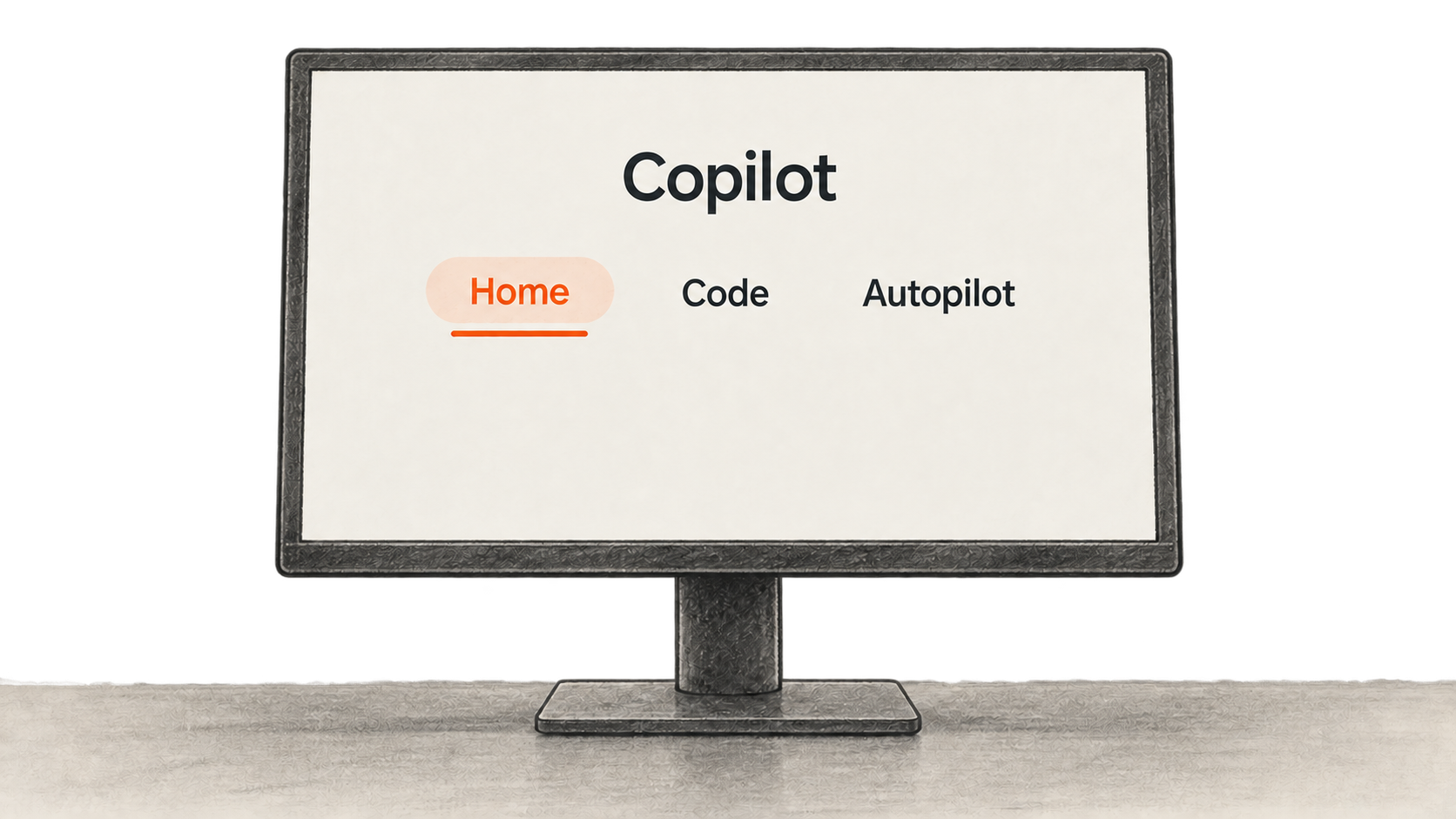 Conceptual charcoal illustration of a desktop display showing a Copilot header and the navigation names Home, Code and Autopilot.