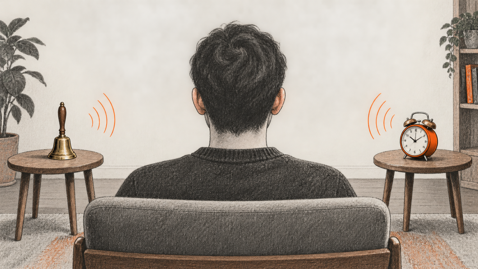 Conceptual charcoal illustration of a seated listener viewed from behind, with a handbell to the left and an alarm clock to the right; curved orange marks suggest sound from each side.