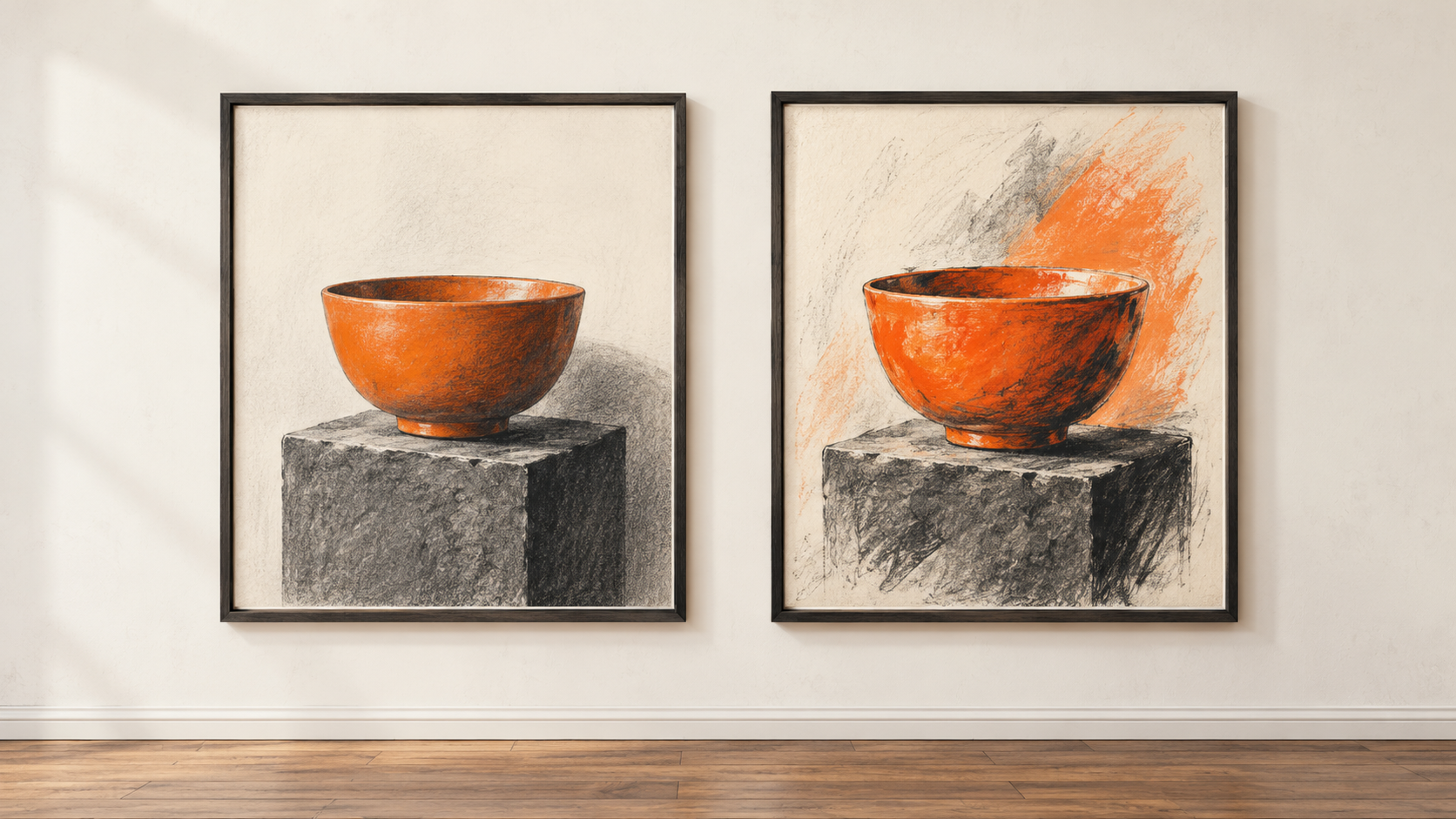 Conceptual charcoal illustration of two framed images of the same orange bowl, one restrained and one more expressive.
