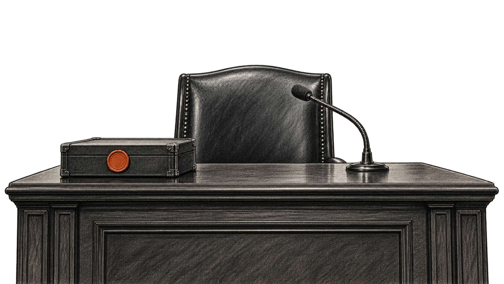 An empty congressional hearing chair and microphone sit behind a dark wood desk beside a small sealed evidence case.