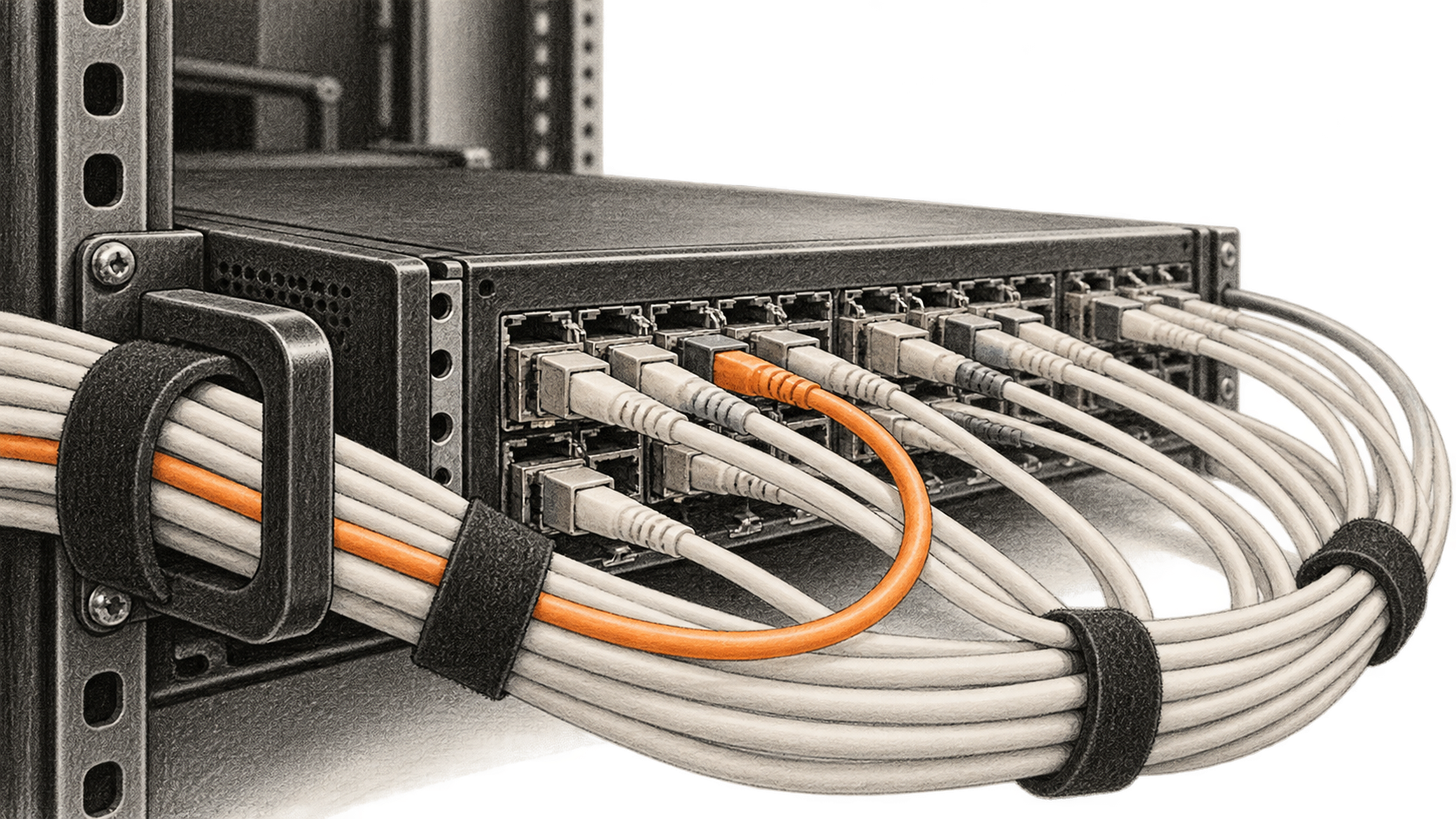 Conceptual charcoal illustration of a rack-mounted network switch with occupied ports and one orange cable among pale leads.