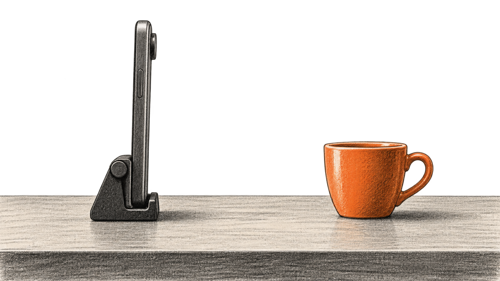 Conceptual charcoal illustration of a generic phone in a tabletop clamp, seen edge-on with its camera facing an orange cup.