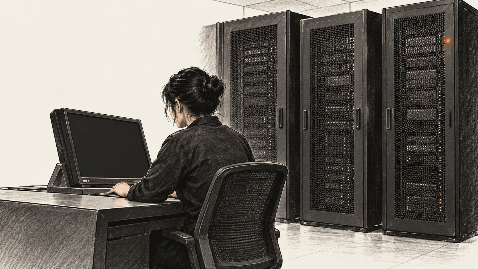 One operator faces a blank console beside three closed compute cabinets.