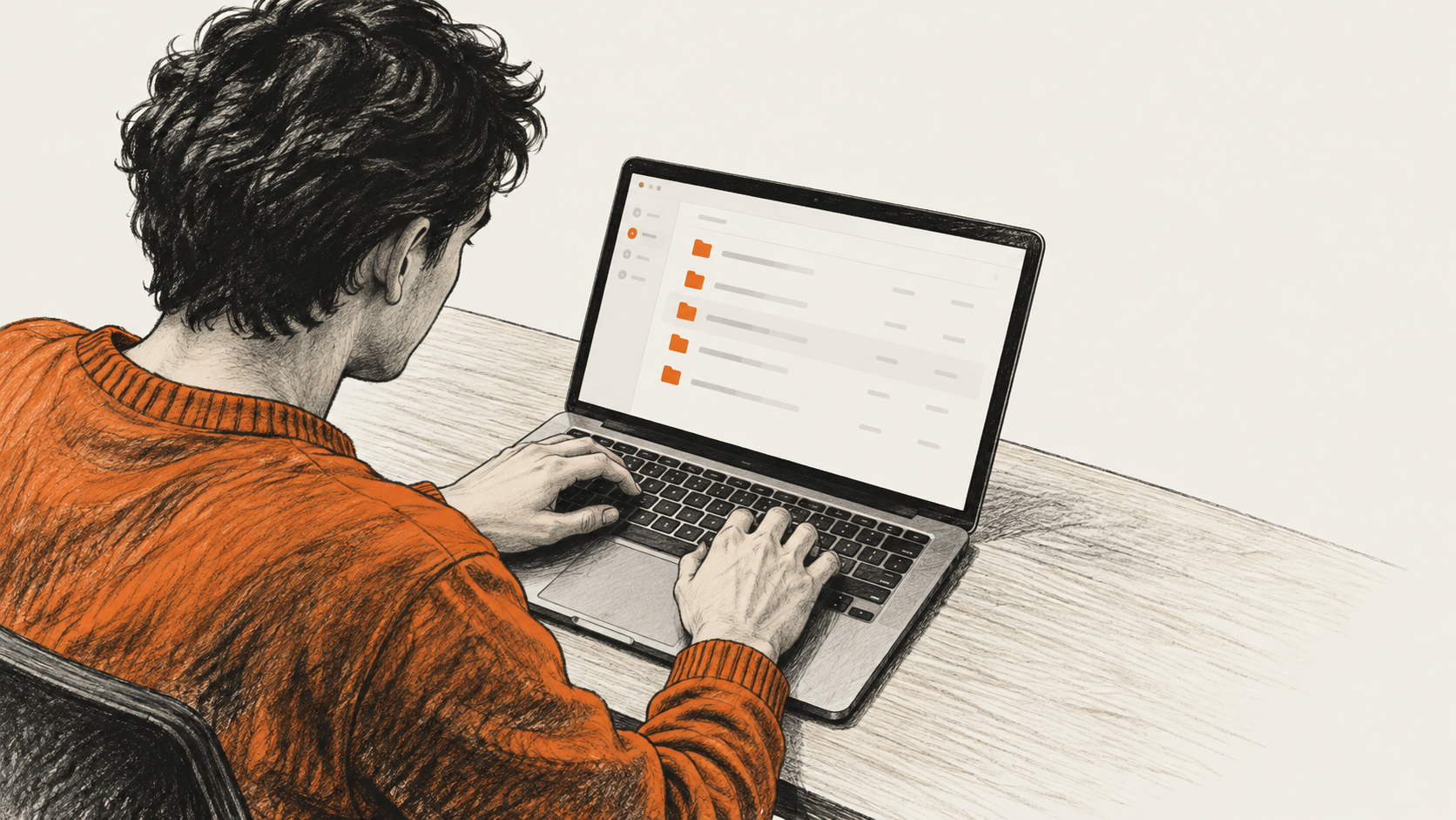 Conceptual illustration of a developer viewing generic file rows on a laptop.