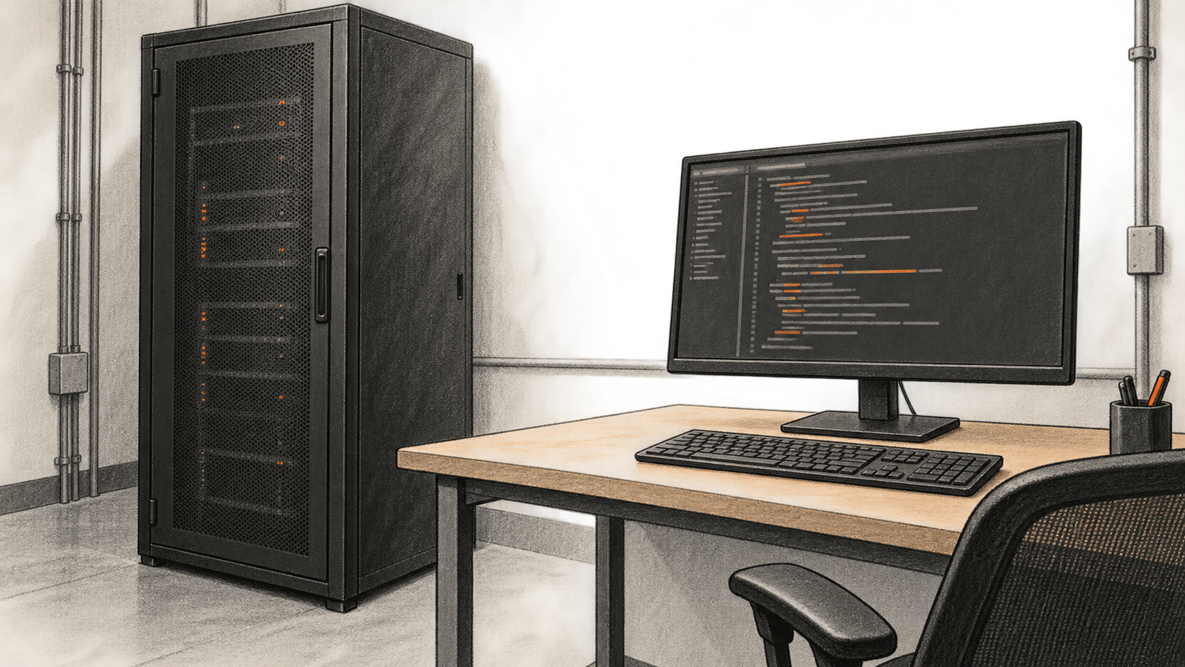 Conceptual illustration of a server cabinet beside an unoccupied workstation with code-like marks on a monitor.