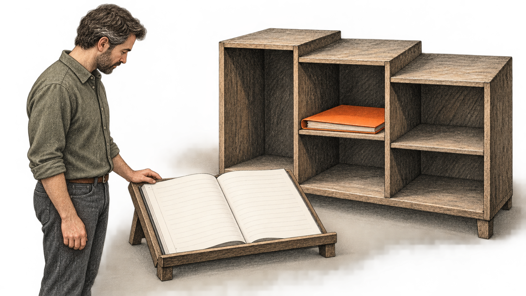 Conceptual charcoal illustration of a standing reviewer checking a blank ledger beside a three-part sorting cabinet with one orange folder.