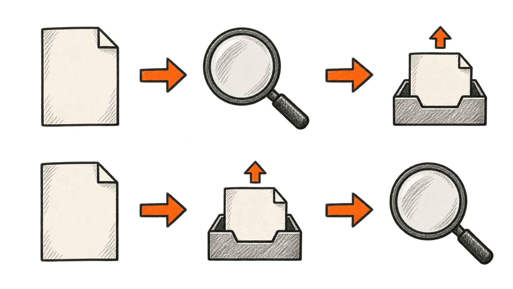 Two rows compare document, inspection, then sending with document, sending, then inspection; orange arrows connect the stages from left to right.