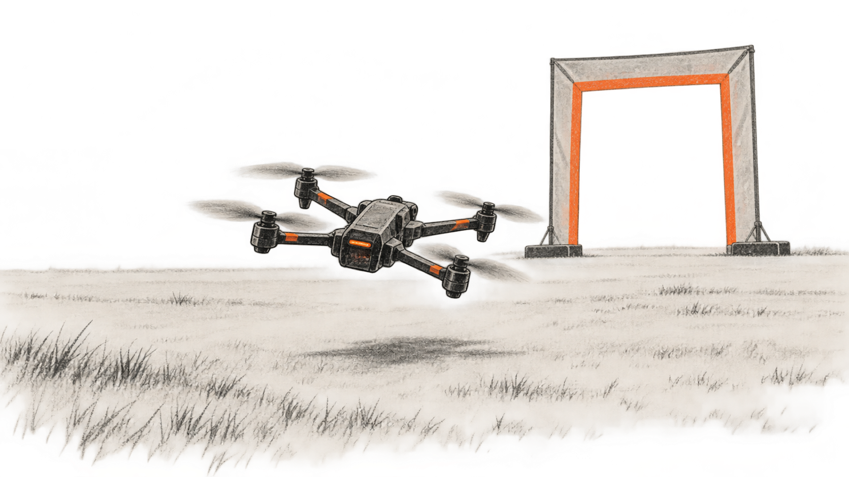 Conceptual charcoal illustration of an unbranded quadrotor flying toward a freestanding orange-edged gate on an open field.