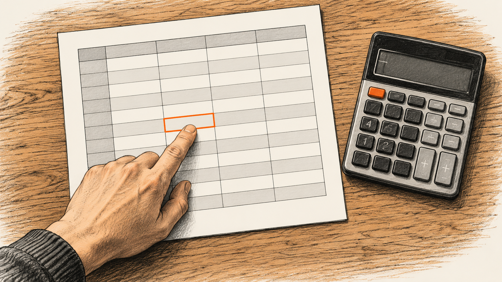Conceptual charcoal illustration of a hand pointing to one outlined cell on a blank monthly worksheet beside a calculator with no displayed result.