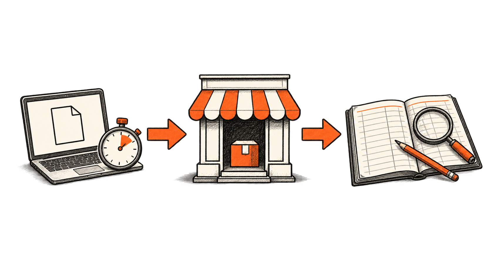 Three-part sketch linking a laptop and stopwatch to a shop, then to an accounting ledger under a magnifying glass.
