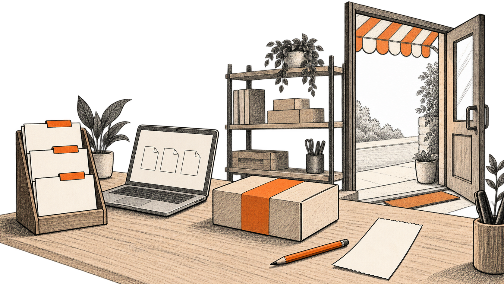 Pencil sketch of a small-shop workbench with task cards, a laptop, a parcel and an unfinished receipt beside an open doorway.