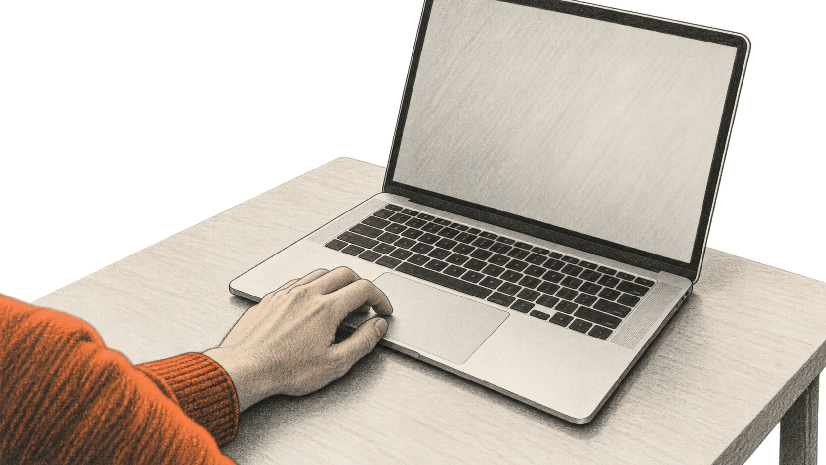 A person's hand rests near the trackpad of an open unbranded laptop with a blank screen.