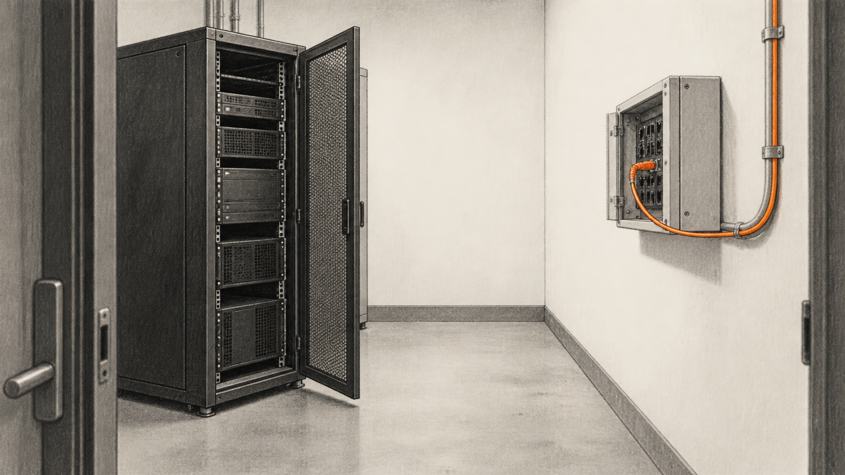 Conceptual charcoal illustration of an open server cabinet on the left and a separate wall-mounted network connection on the right.
